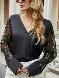 Black Surplice Lace Long Sleeve Blouse | Femstylo