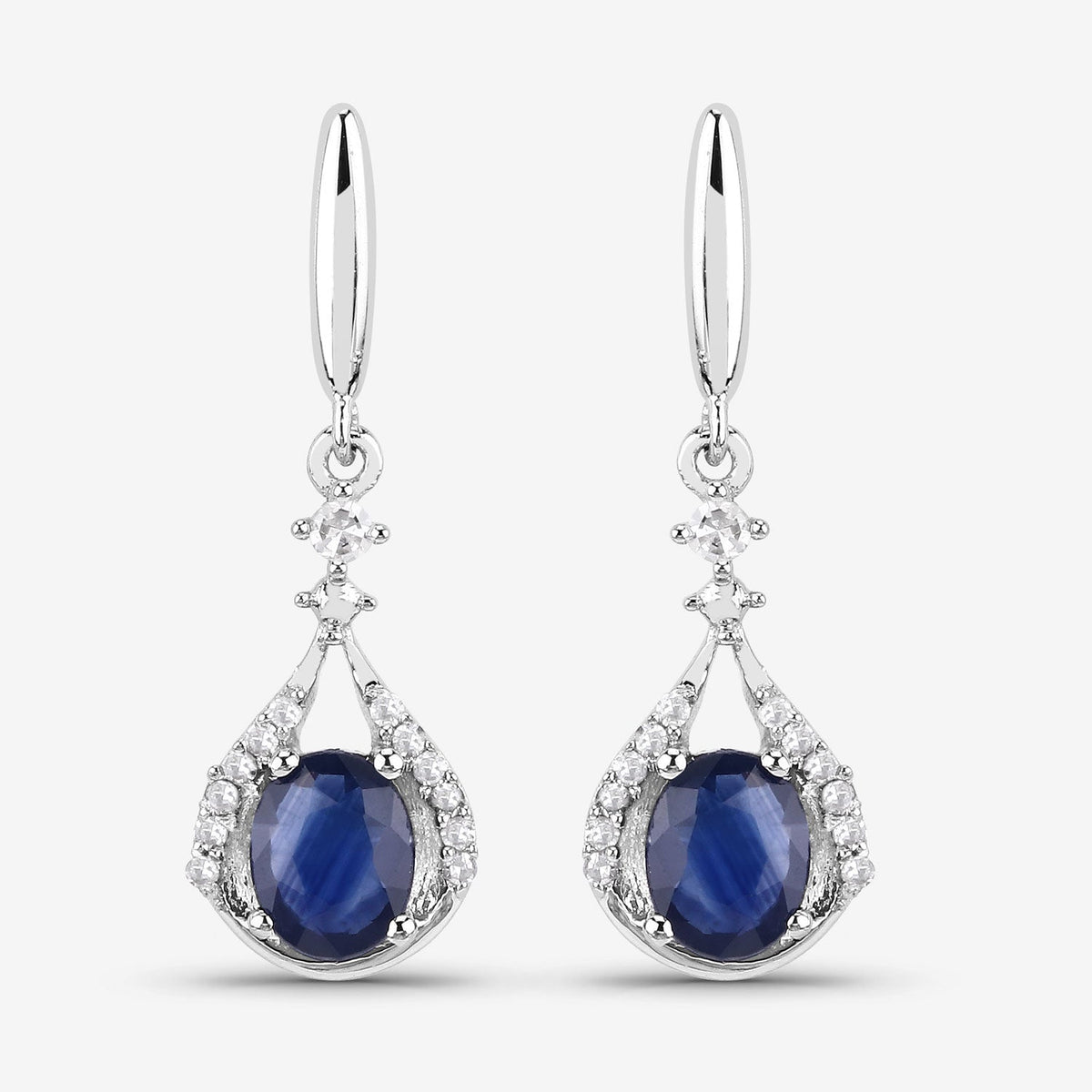 0.86 Carat Genuine Blue Sapphire and White Diamond 14K White Gold Earrings