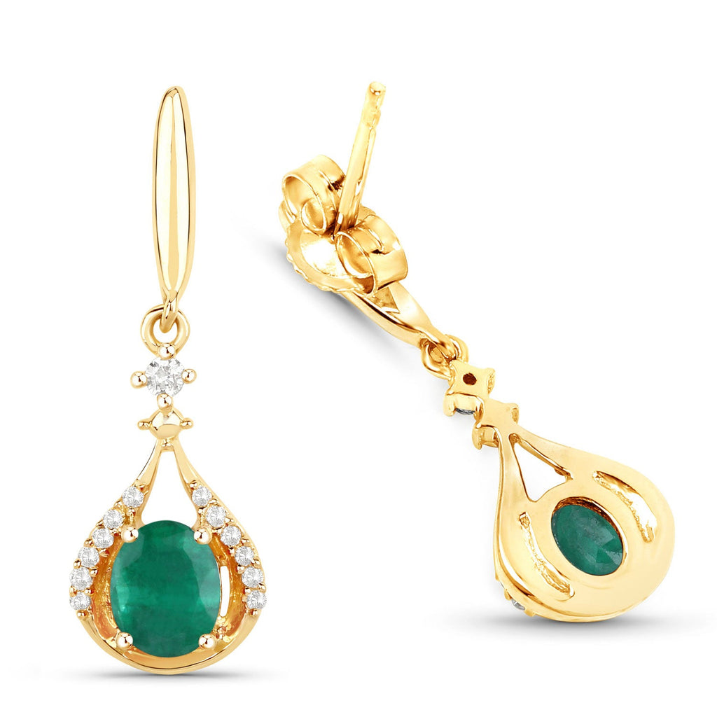 0.70 ct Genuine Zambian Emerald and White Diamond 14K Yellow Gold Earrings