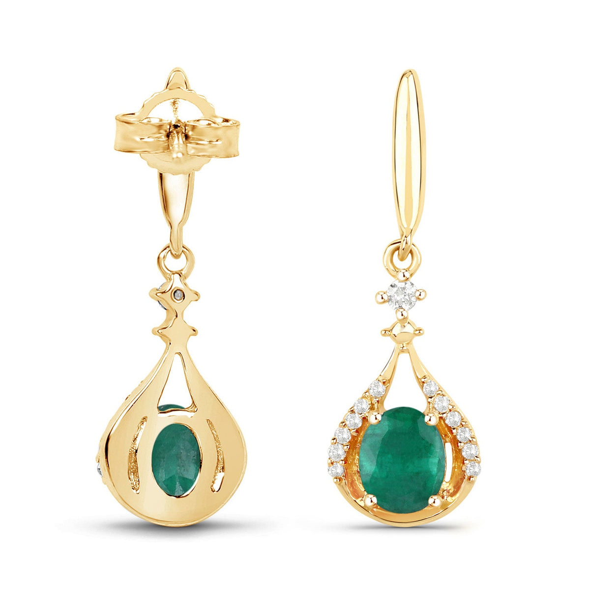 0.70 ct Genuine Zambian Emerald and White Diamond 14K Yellow Gold Earrings