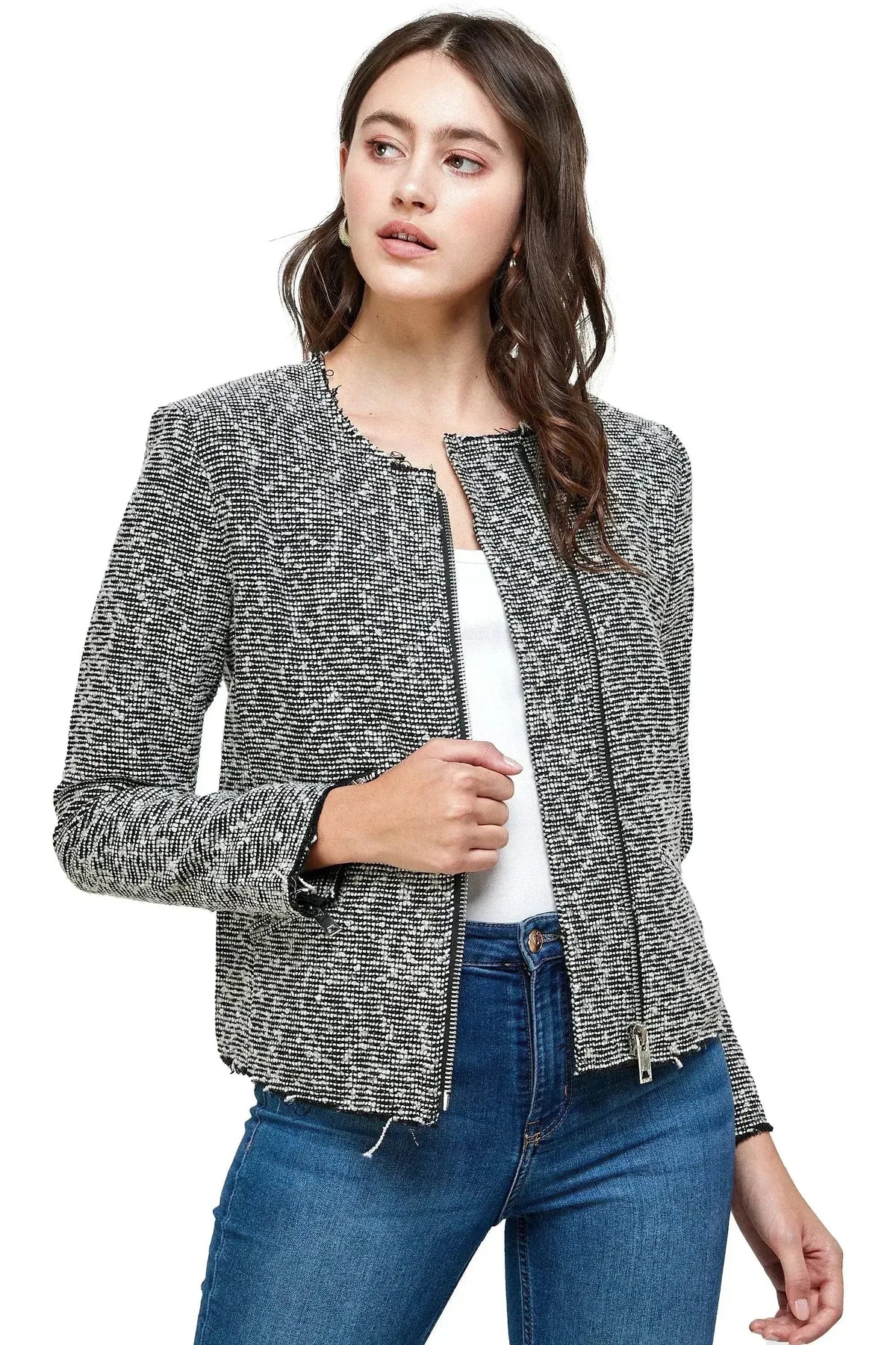 Boucle Tweed Biker Jacket - Textured Zip-Up Jacket for Women | Femstylo