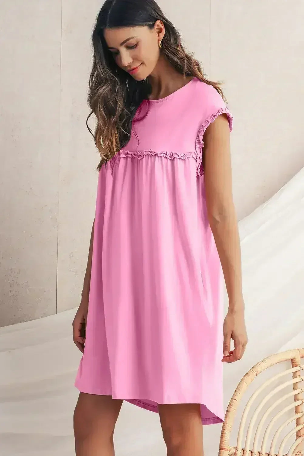 Oatmeal Frilled Trim Crewneck Loose Fit Mini Dress