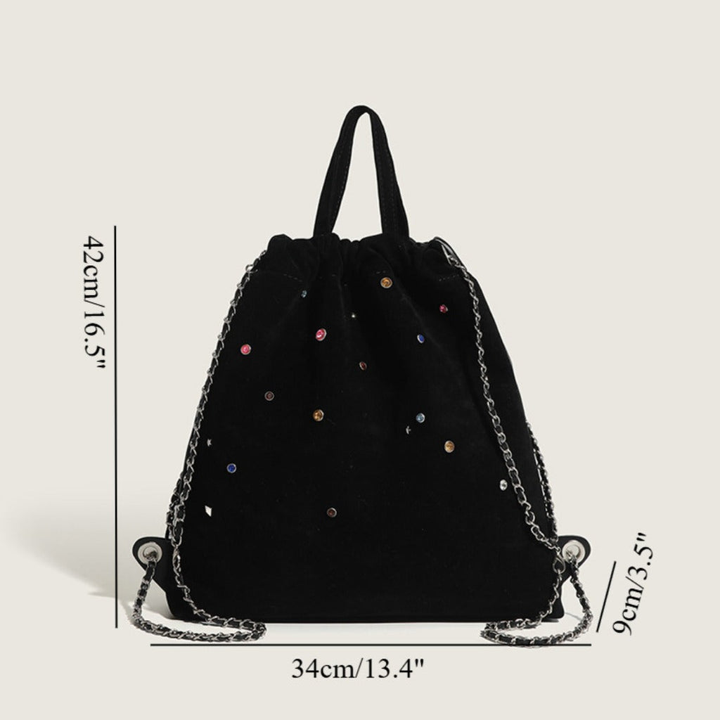 Women's bag matte suede backpack purse, splicing colored gemstone chain backpack, drawstring portable backpack