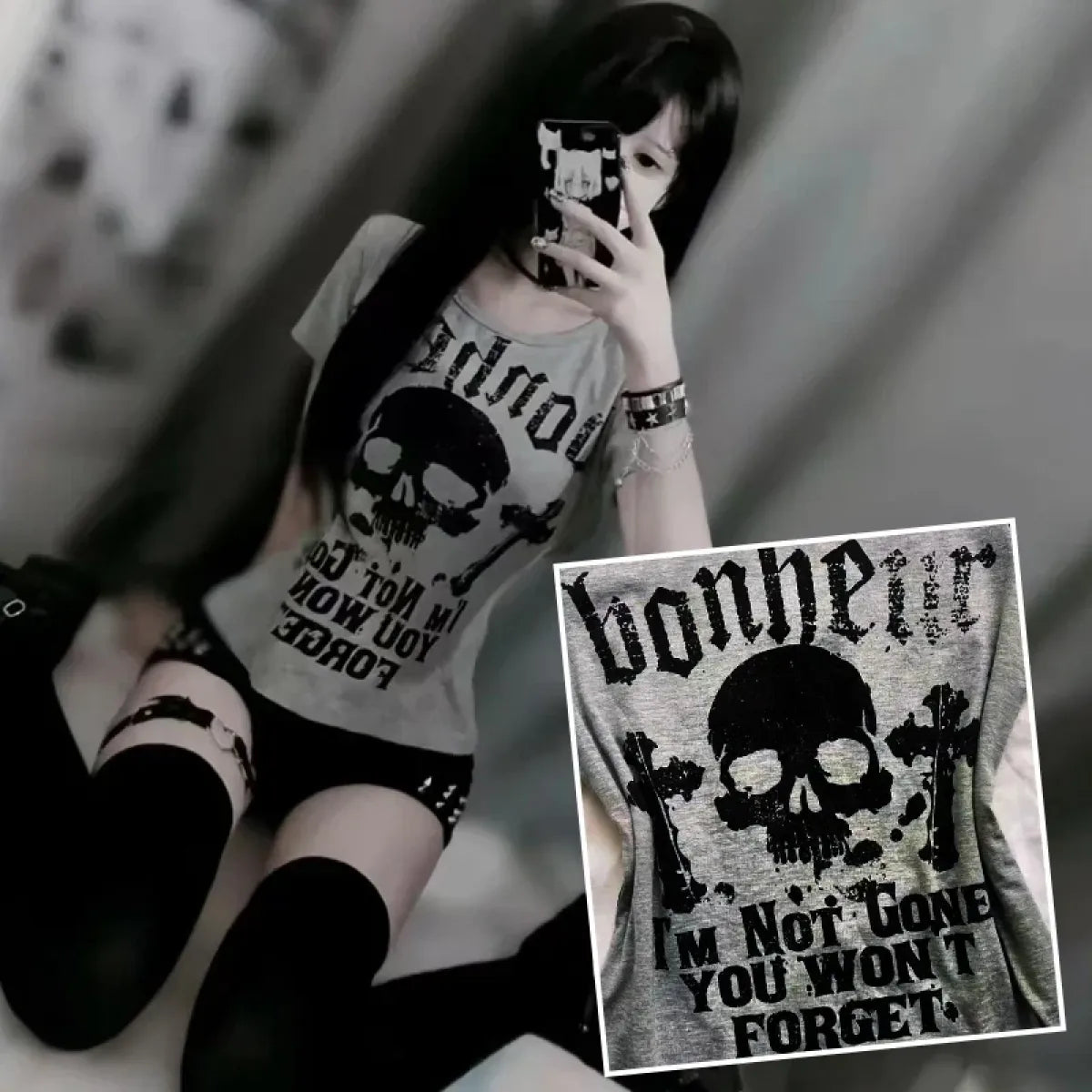 Gothic Punk Skull Print Tee – Y2K Vintage Slim Fit Top