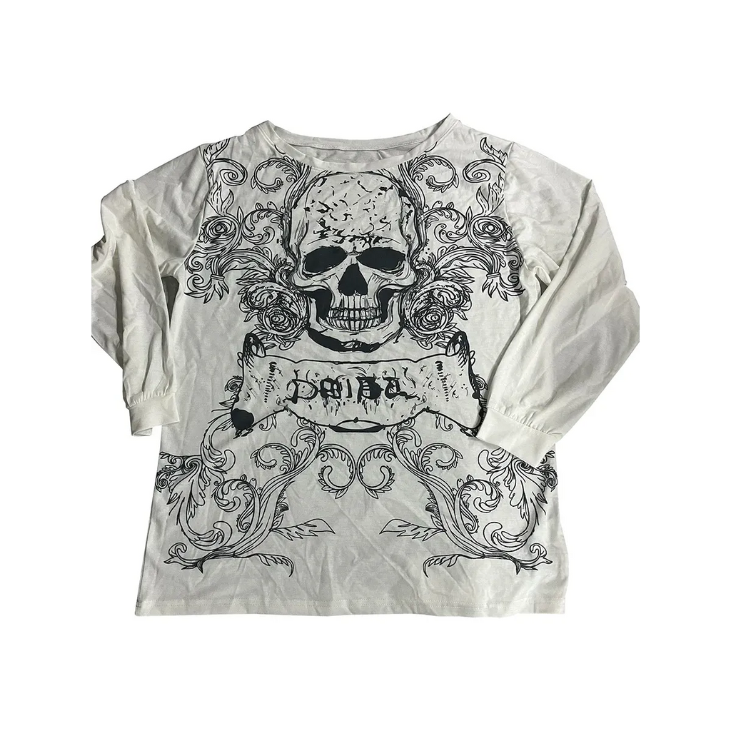 Skull Print Long Sleeve T-Shirt – Grunge Y2K Punk Pullover Top