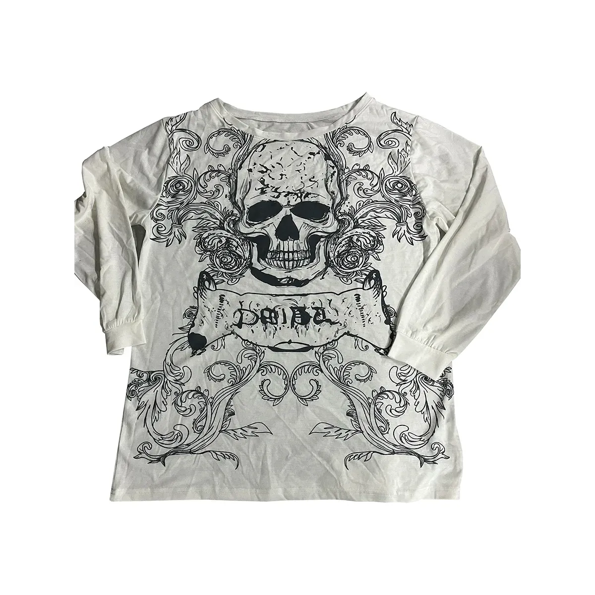 Skull Print Long Sleeve T-Shirt – Grunge Y2K Punk Pullover Top