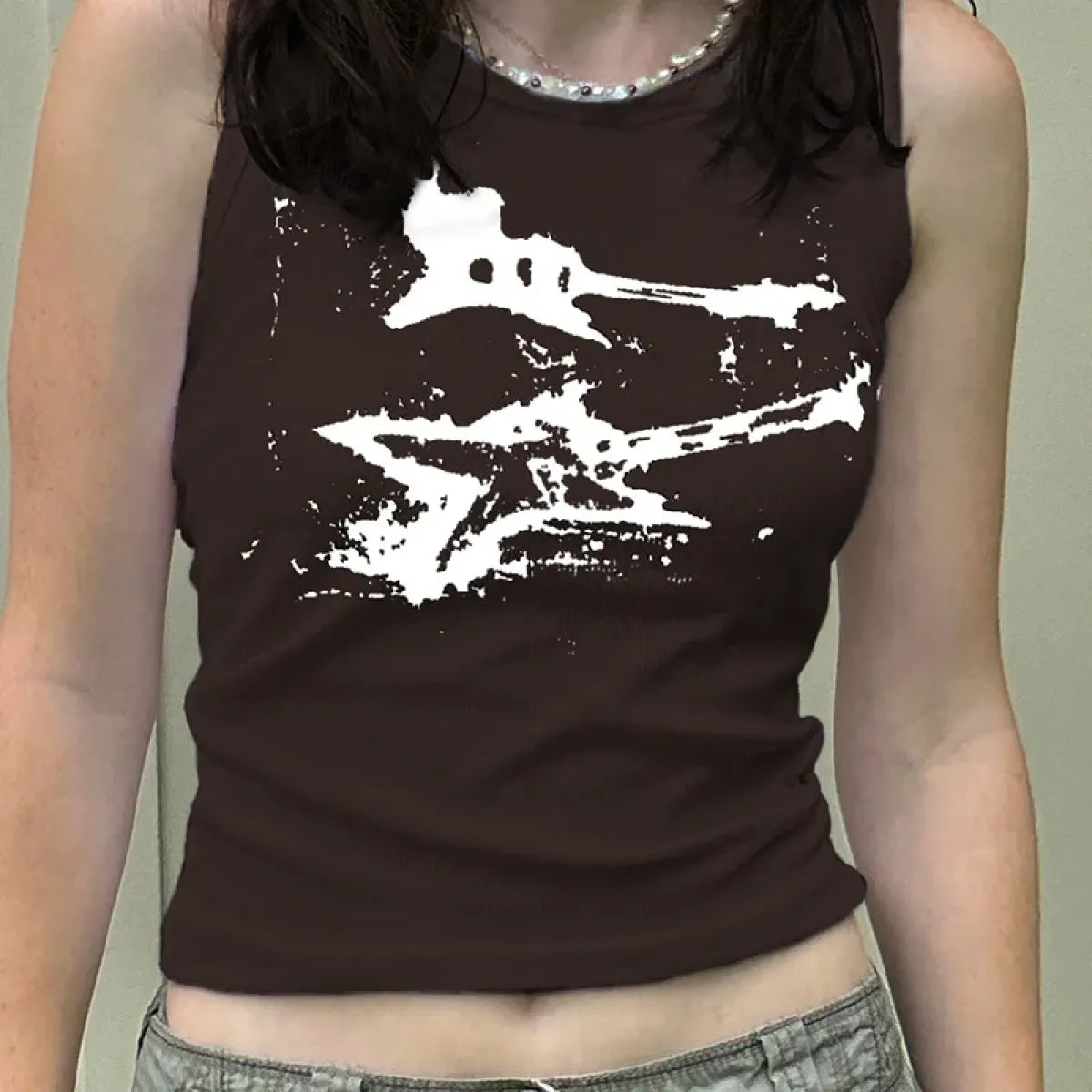 Guitar Print Tank Top - Ribbed Grunge Crop Top