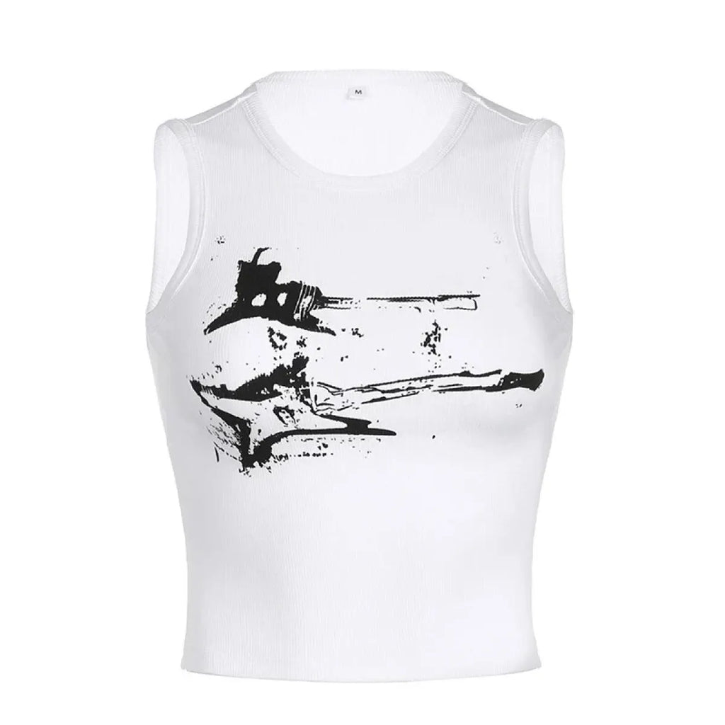 Guitar Print Tank Top - Ribbed Grunge Crop Top