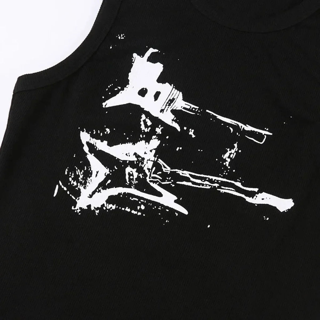Guitar Print Tank Top - Ribbed Grunge Crop Top
