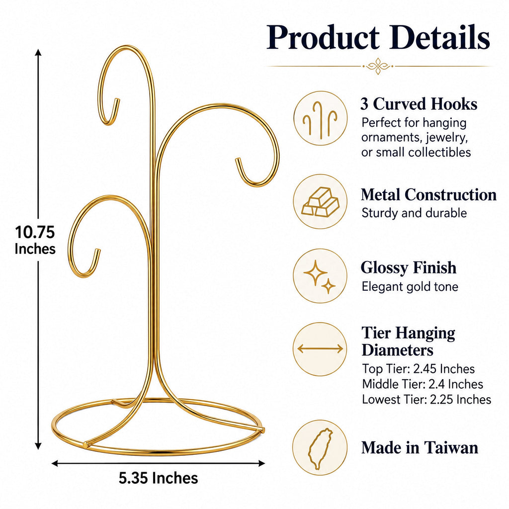 3-Arm 3-Tier Gold Brass Metal Ornament Stand Display 10.75 Inches