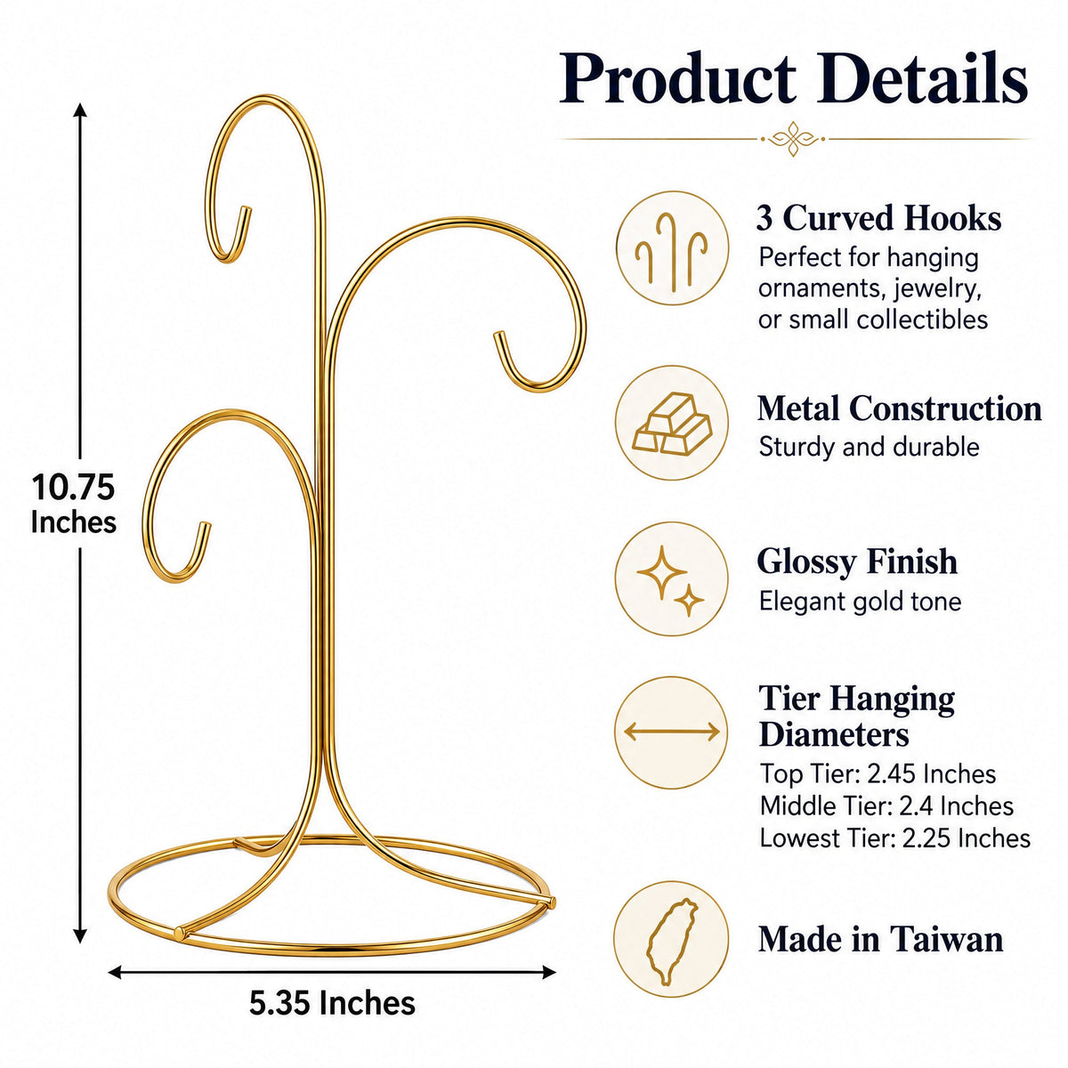 3-Arm 3-Tier Gold Brass Metal Ornament Stand Display 10.75 Inches