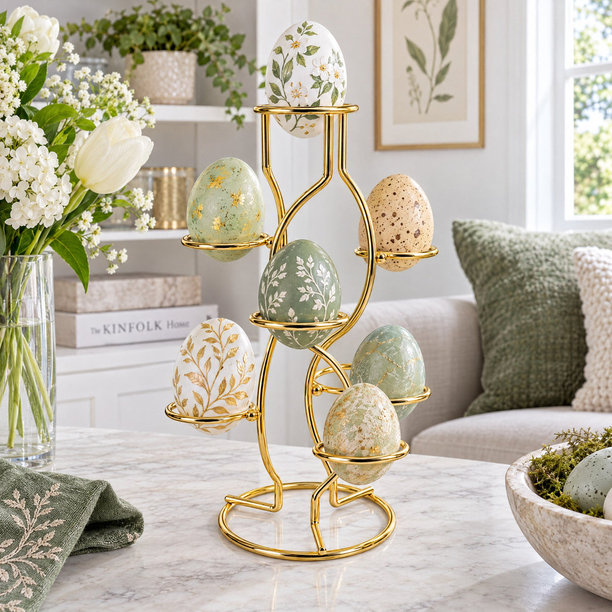 7-Ring 3-Tier Gold Wire Metal Sphere Crystals Egg Stand Holder Display 7.4 Inches