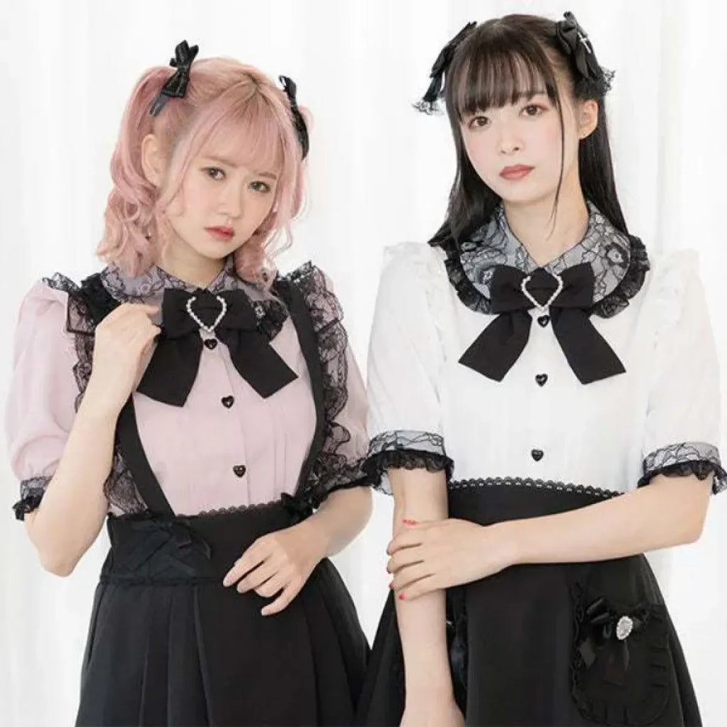 Kawaii Lolita Lace Blouse – Y2K Grunge Bow Shirt with Heart Buttons