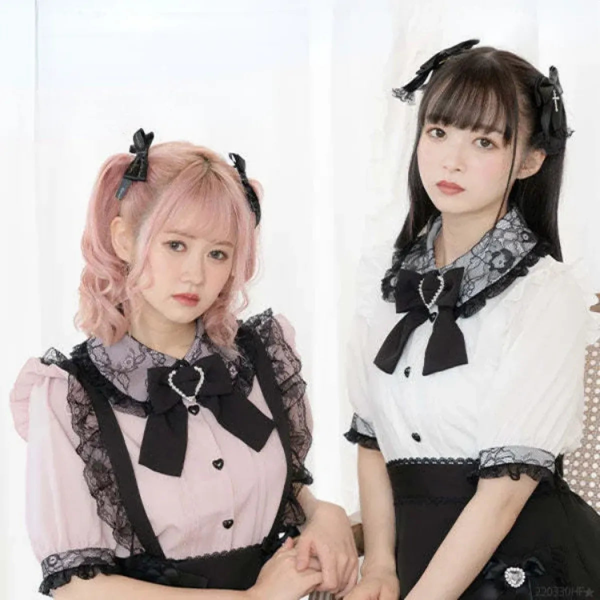 Kawaii Lolita Lace Blouse – Y2K Grunge Bow Shirt with Heart Buttons