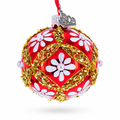 White Glitter Daisies and Pearls on Glossy Red with Gold Trim Glass Ball Christmas Ornament