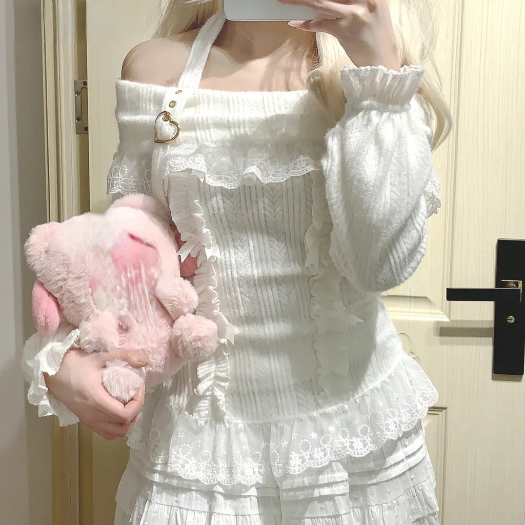 Kawaii Lace Patchwork Knit Top – Halter Neck Lolita Sweater
