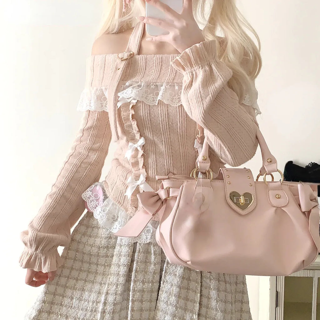 Kawaii Lace Patchwork Knit Top – Halter Neck Lolita Sweater