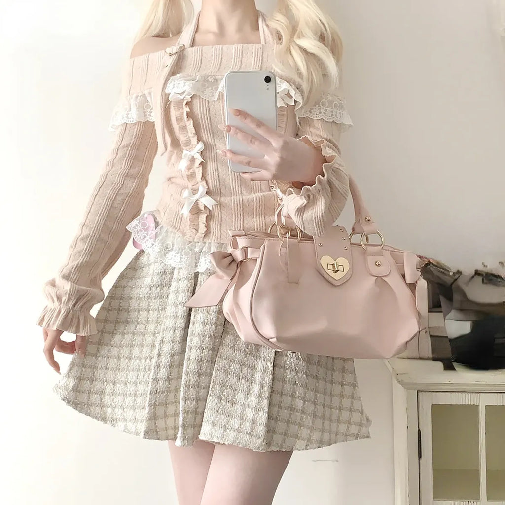 Kawaii Lace Patchwork Knit Top – Halter Neck Lolita Sweater