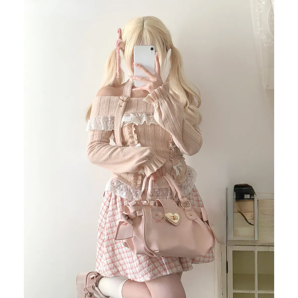 Kawaii Lace Patchwork Knit Top – Halter Neck Lolita Sweater