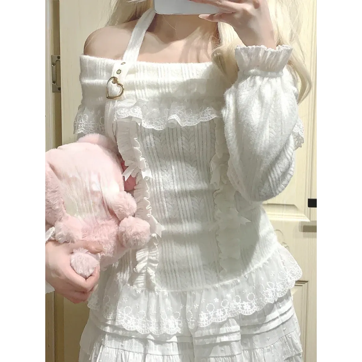 Kawaii Lace Patchwork Knit Top – Halter Neck Lolita Sweater