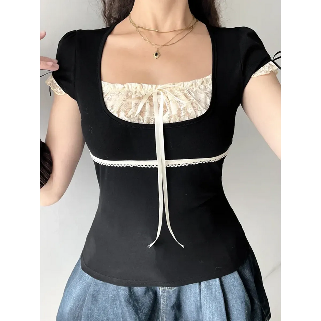 Lace Trim Crop Top: Sweet Square Neck Harajuku Tee