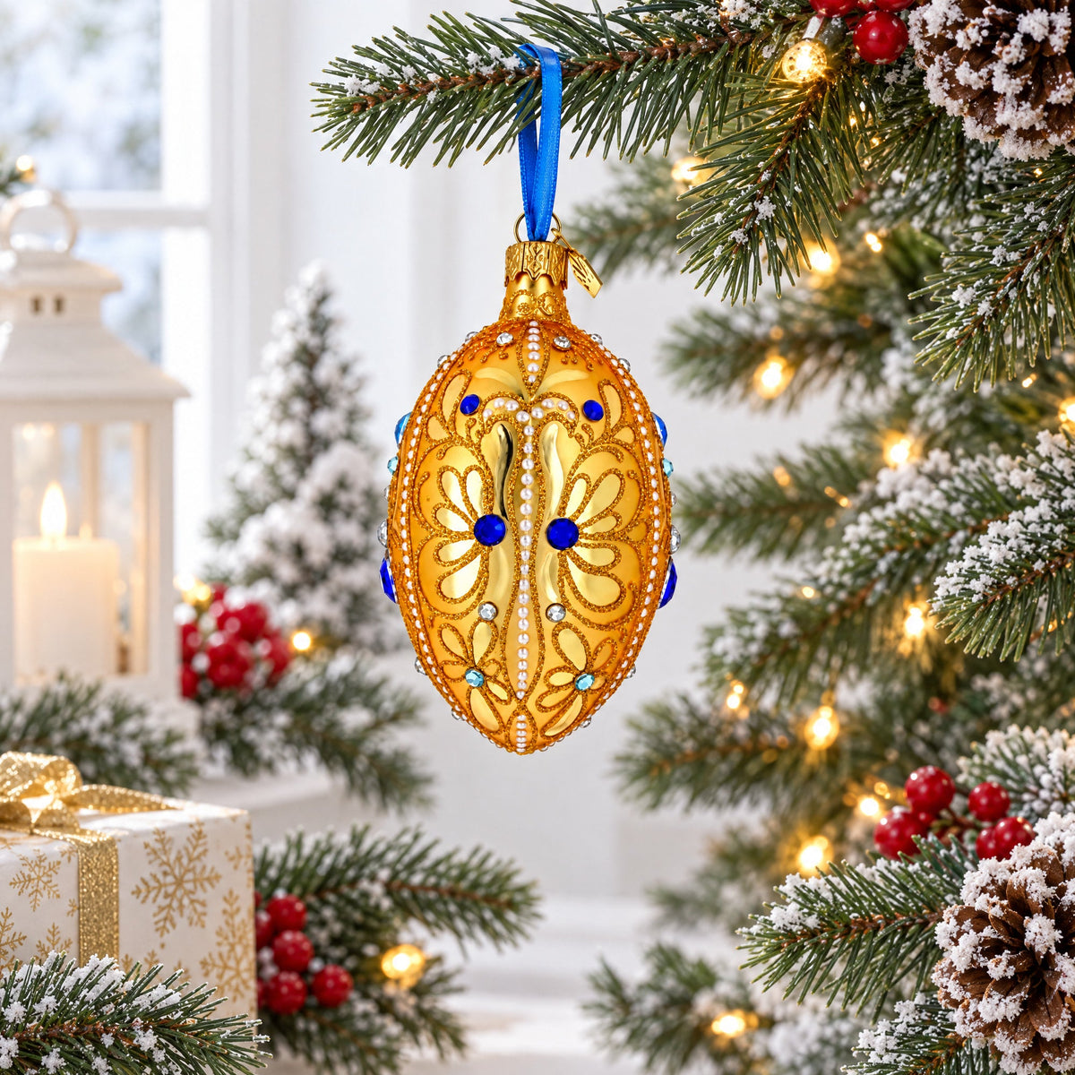 Gold Jeweled Scrollwork Glass Egg Christmas Ornament