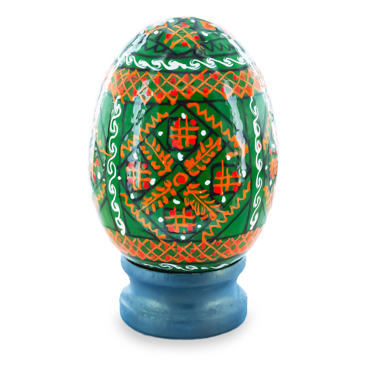 Geometrical Green Ukrainian Wooden Easter Egg Pysanka on a Stand 3 Inches