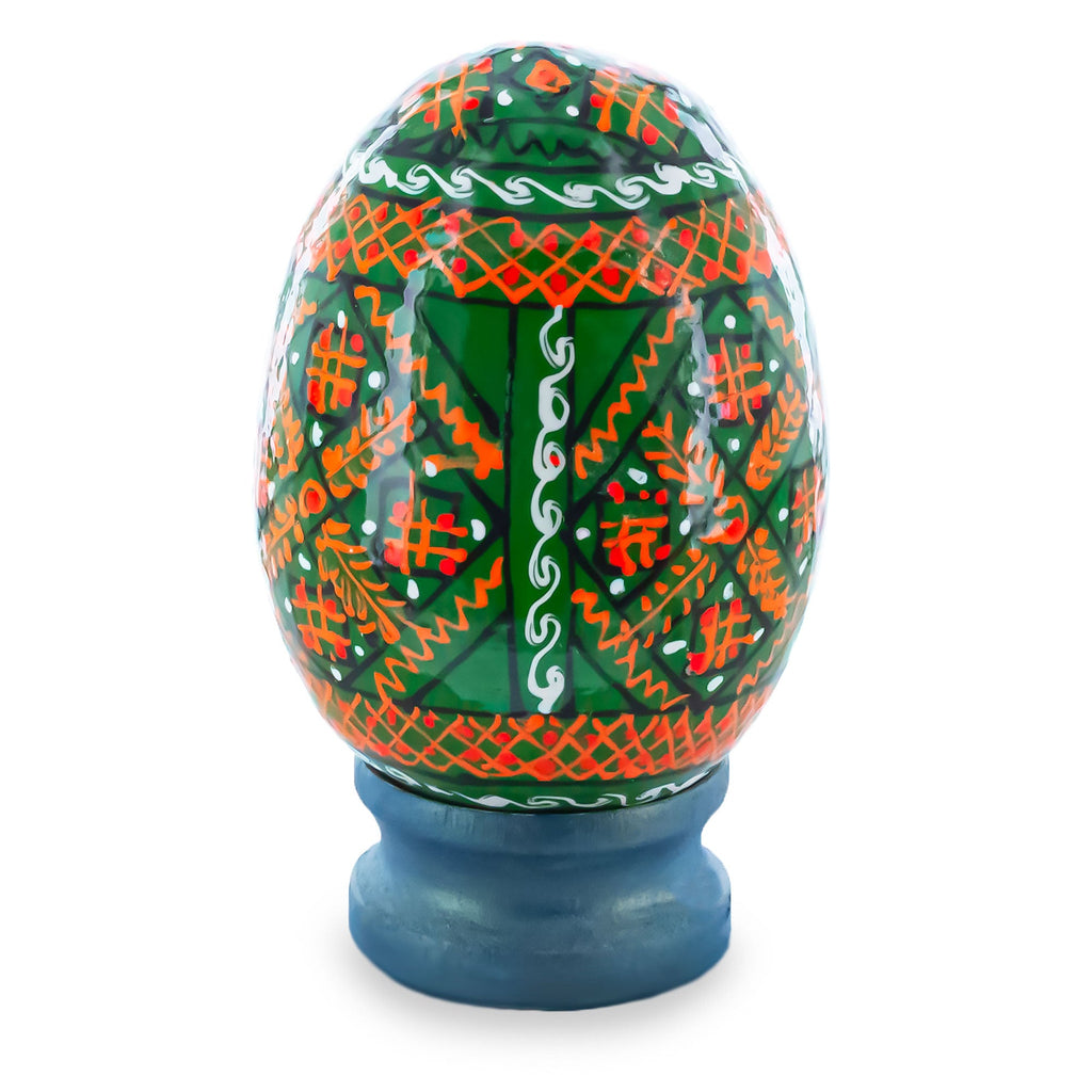 Geometrical Green Ukrainian Wooden Easter Egg Pysanka on a Stand 3 Inches