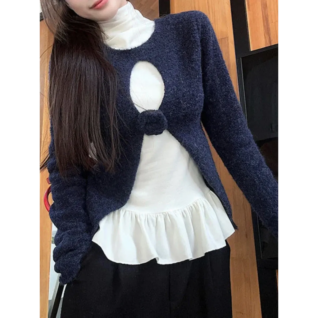Navy Knit Cutout Sweater & White Peplum Top – Harajuku Set