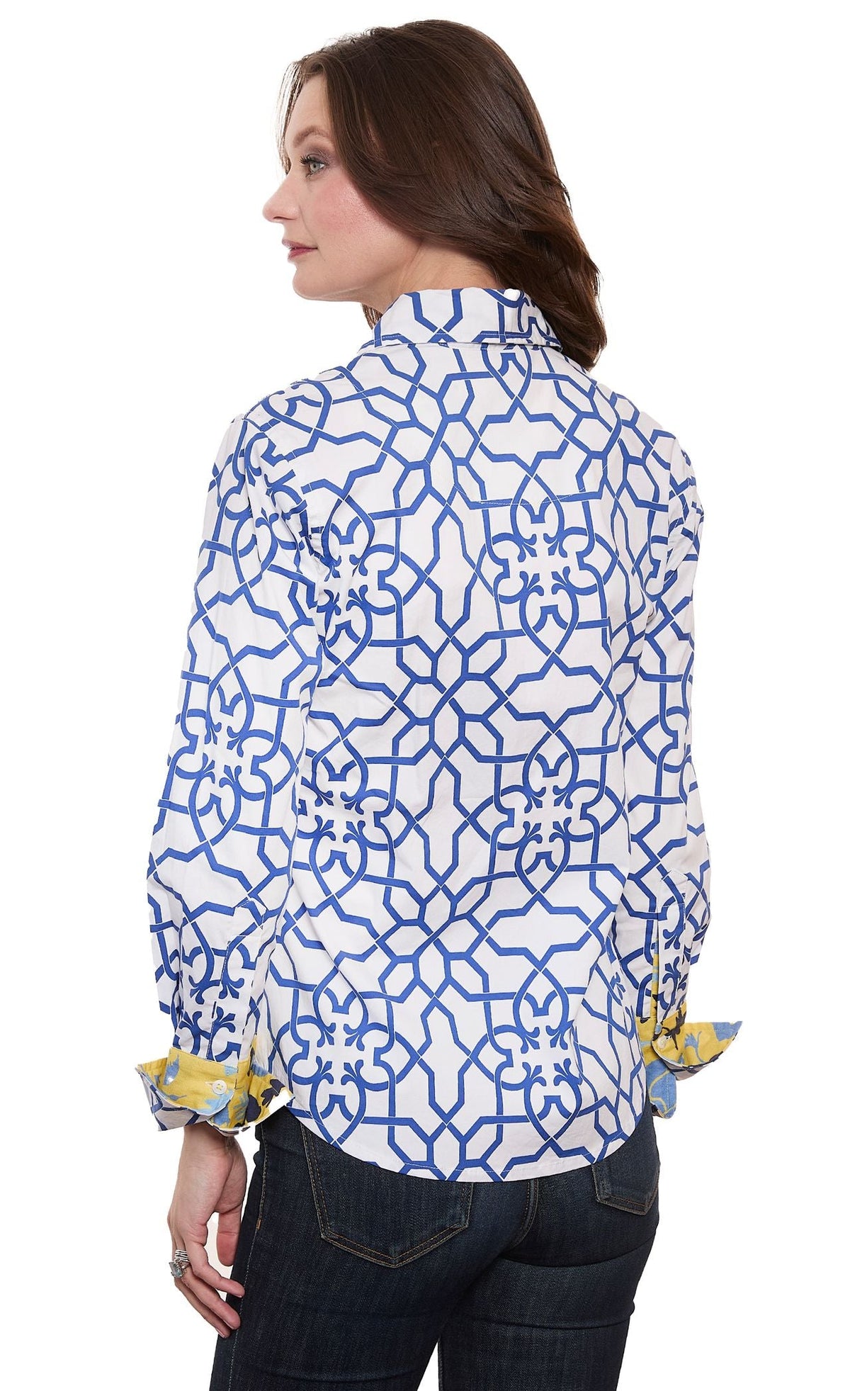 Rome Shirt Navy White Geo Print Cotton Sateen with Stretch