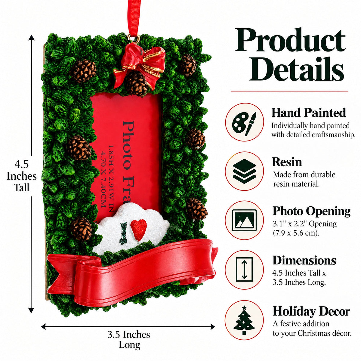 Pinecone Adorned Picture Frame Ornament: 4.5 x 3.5 Inches