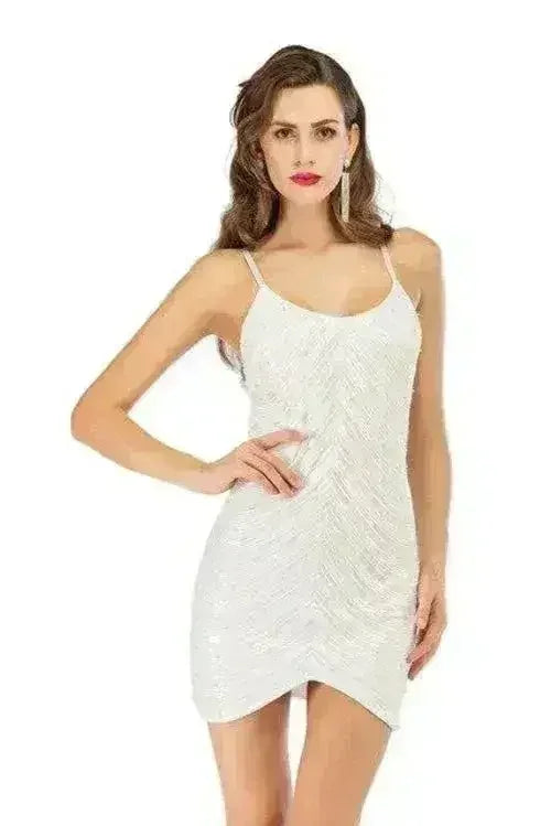 Sequin dress stretch sequin skirt open back beaded spaghetti strap