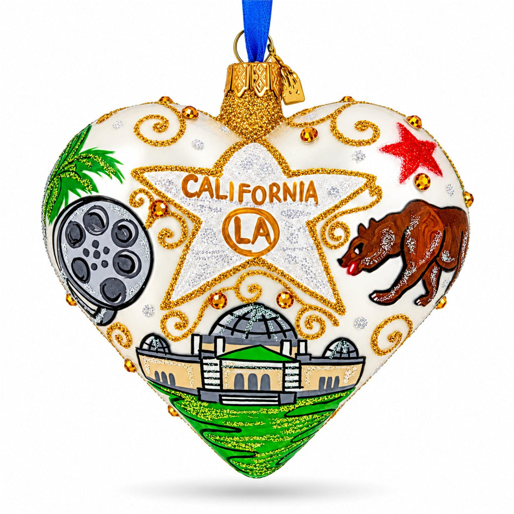 Los Angeles Landmarks & Symbols Glass Heart Christmas Ornament