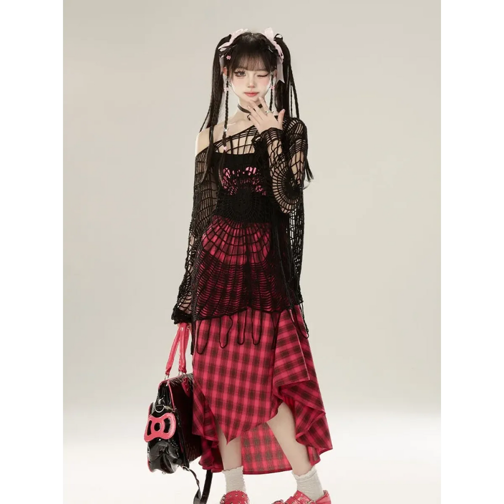 Spider Web Knit Sweater – Y2K Off Shoulder Grunge Pullover