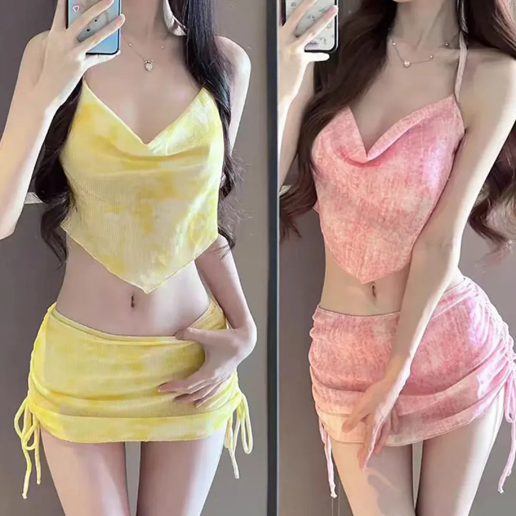 Tie Dye Halter Bikini Set – Kawaii 3pc Swimsuit with Mini Skirt
