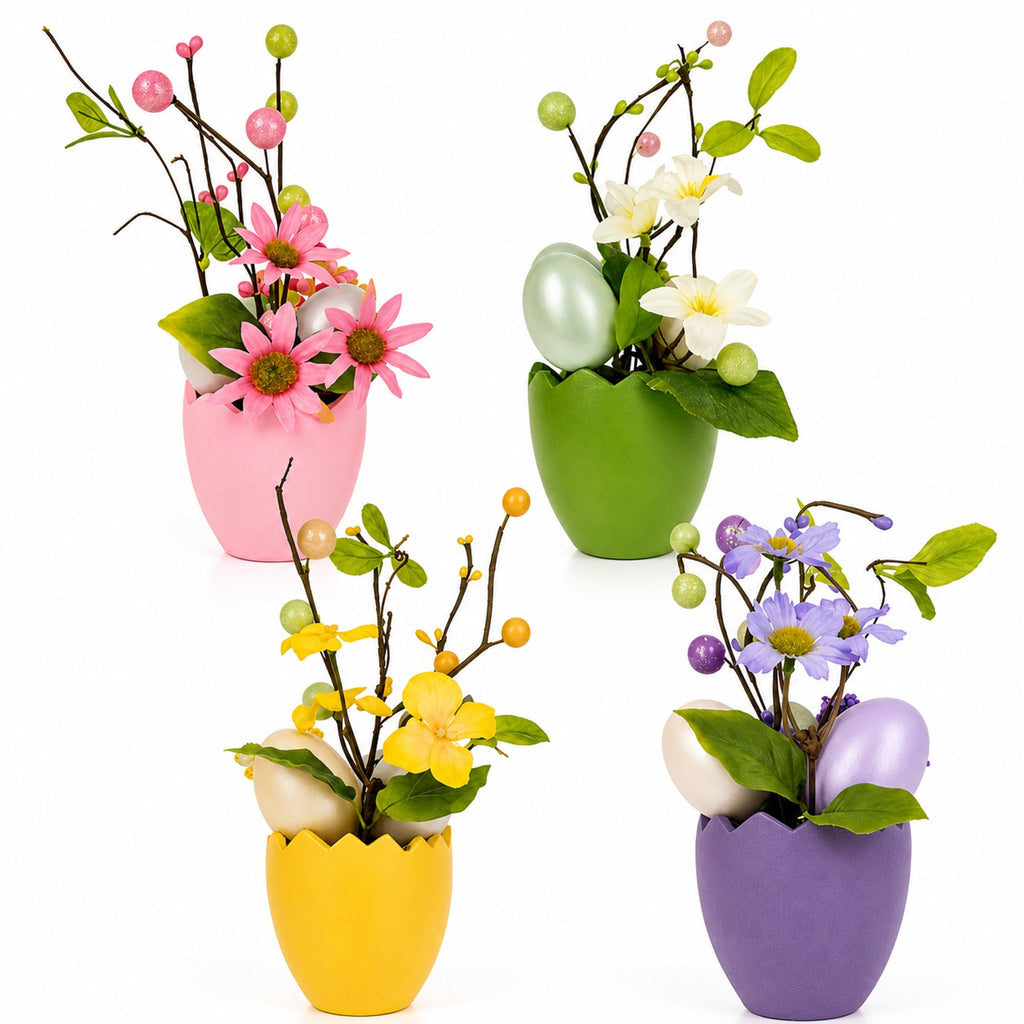 Set of 4 Colorful Spring Flowers with Easter Eggs 7 Inches