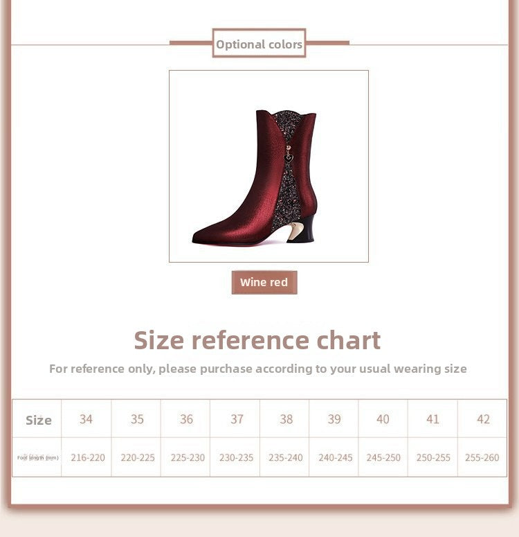 Leather Coarse Heel Pointed Short Boots Women's Middle Heel Burgundy Splicing Soft Leather Women's Boots Large Size Women's Shoes