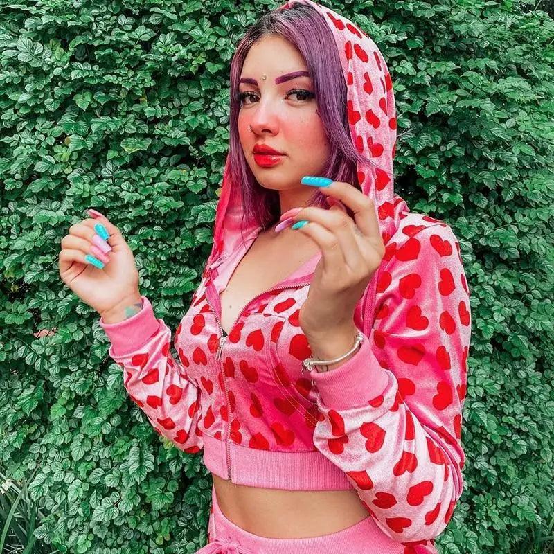 Unique Design Velvet Heart Print Cropped Top Bomber Jacket For Women Autumn Cute Pink Long Sleeve Coats Zipper Winter Overcoat