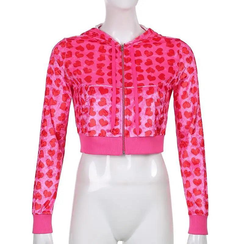Unique Design Velvet Heart Print Cropped Top Bomber Jacket For Women Autumn Cute Pink Long Sleeve Coats Zipper Winter Overcoat