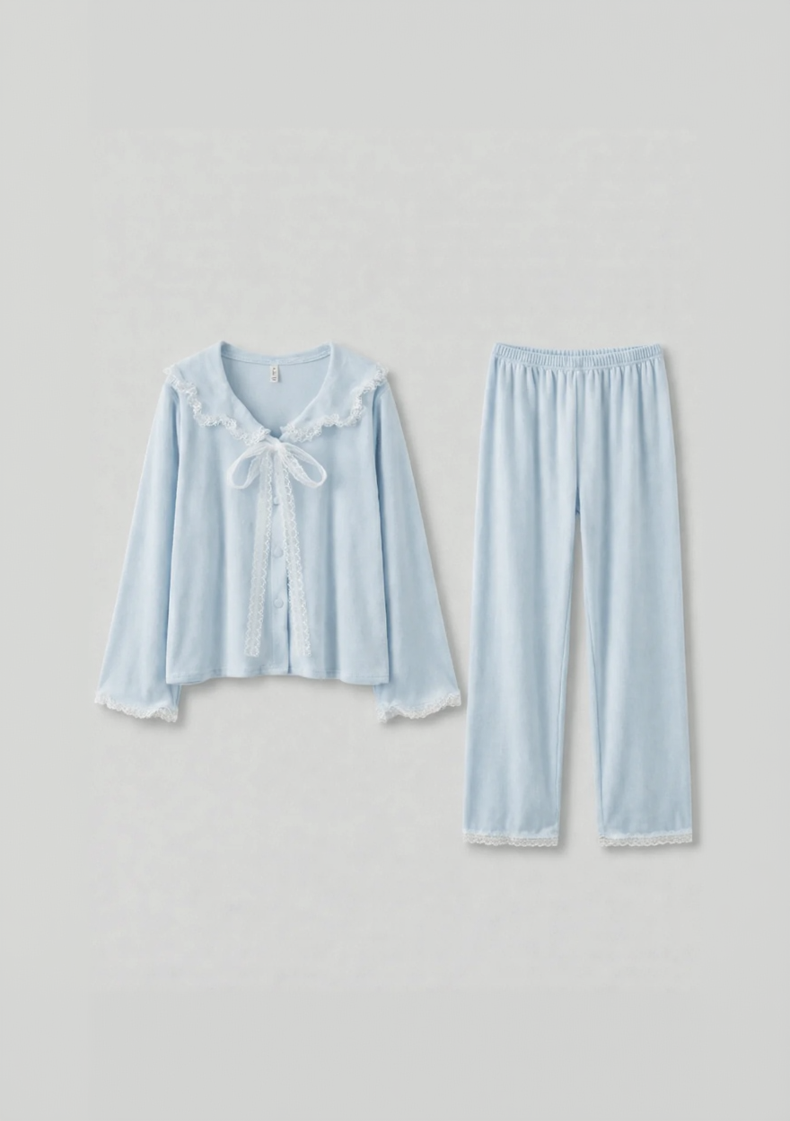 Rosy Velvet Coquette Lace Pajama Set / Blue