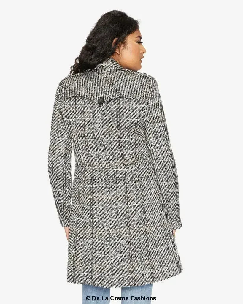 Wool Blend Check Double Breasted Military Coat