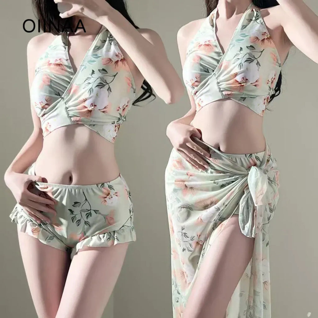 Floral Halter Bikini Set – Ruffled Mesh Wrap Skirt Swimwear