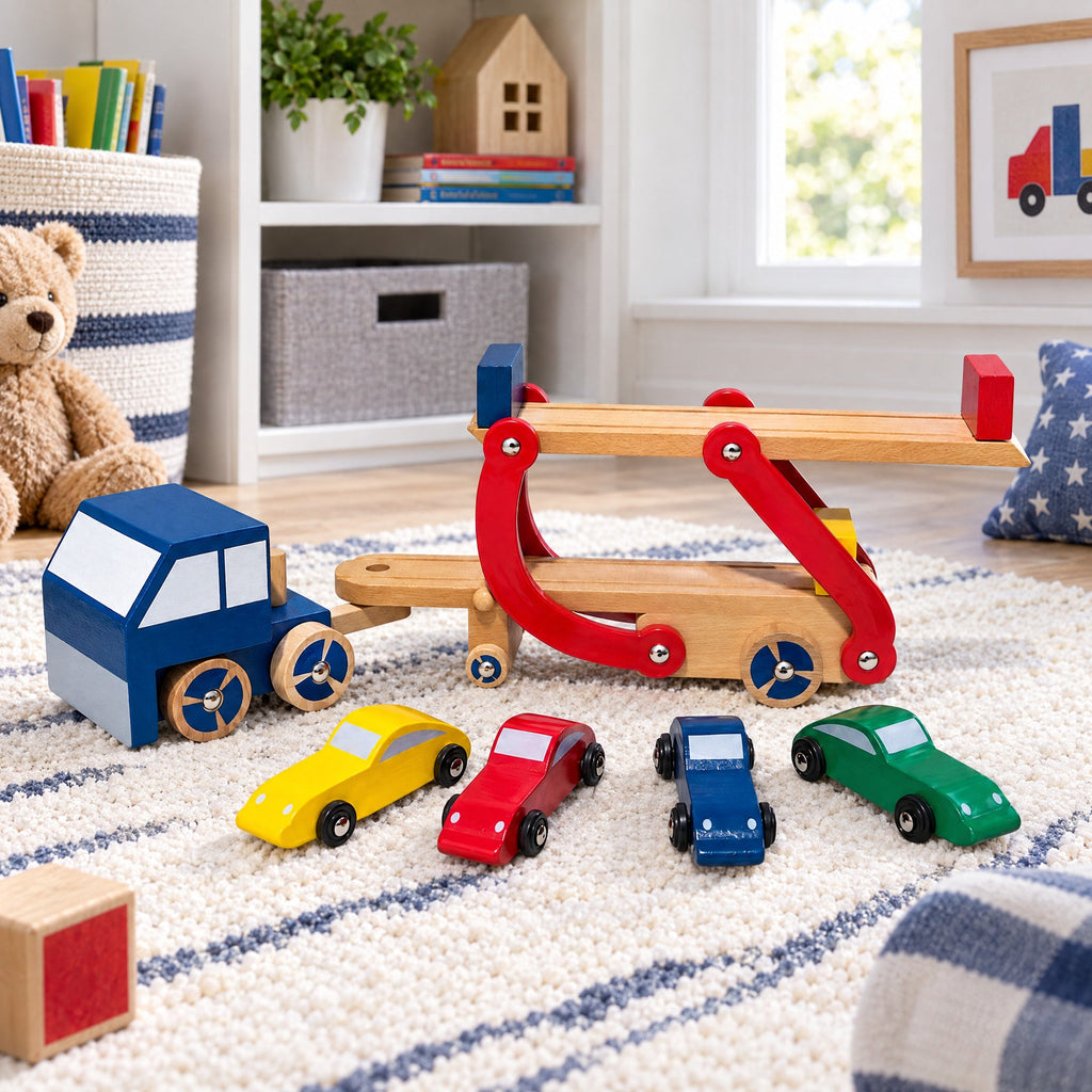Set of Wooden Truck with Trailer and 4 Cars