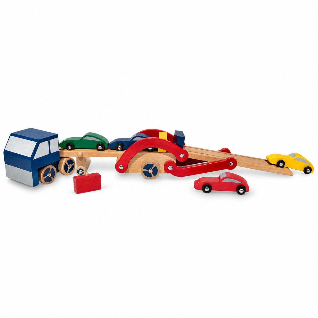 Set of Wooden Truck with Trailer and 4 Cars