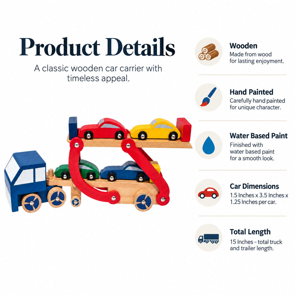 Set of Wooden Truck with Trailer and 4 Cars