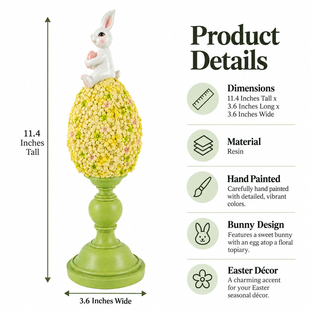 Spring Bunny Sitting on Textured Flower Easter Egg Display Stand 11.4 Inches Tall