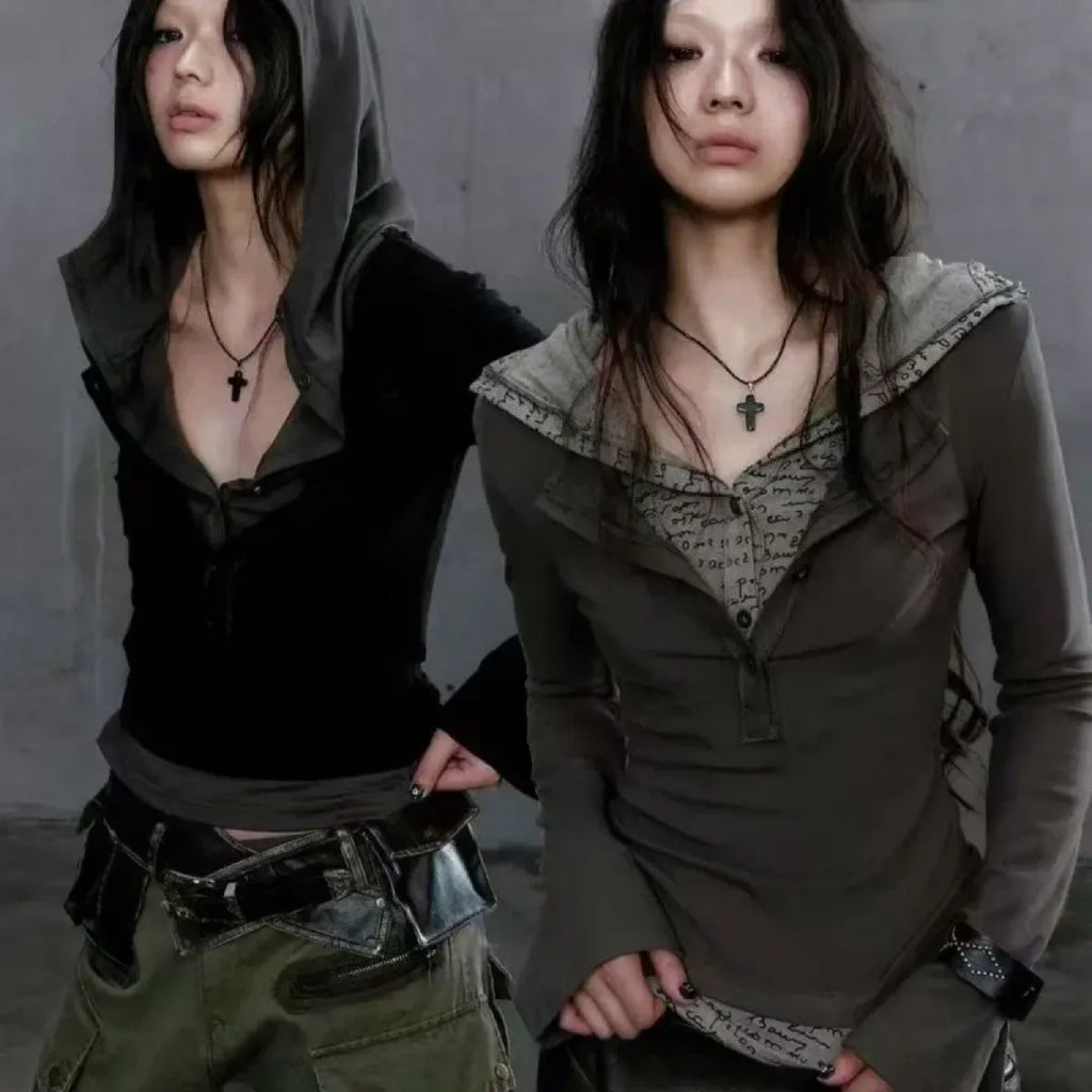 Patchwork Hooded Top – Y2K Cyber Grunge Slim Fit Knit Pullover