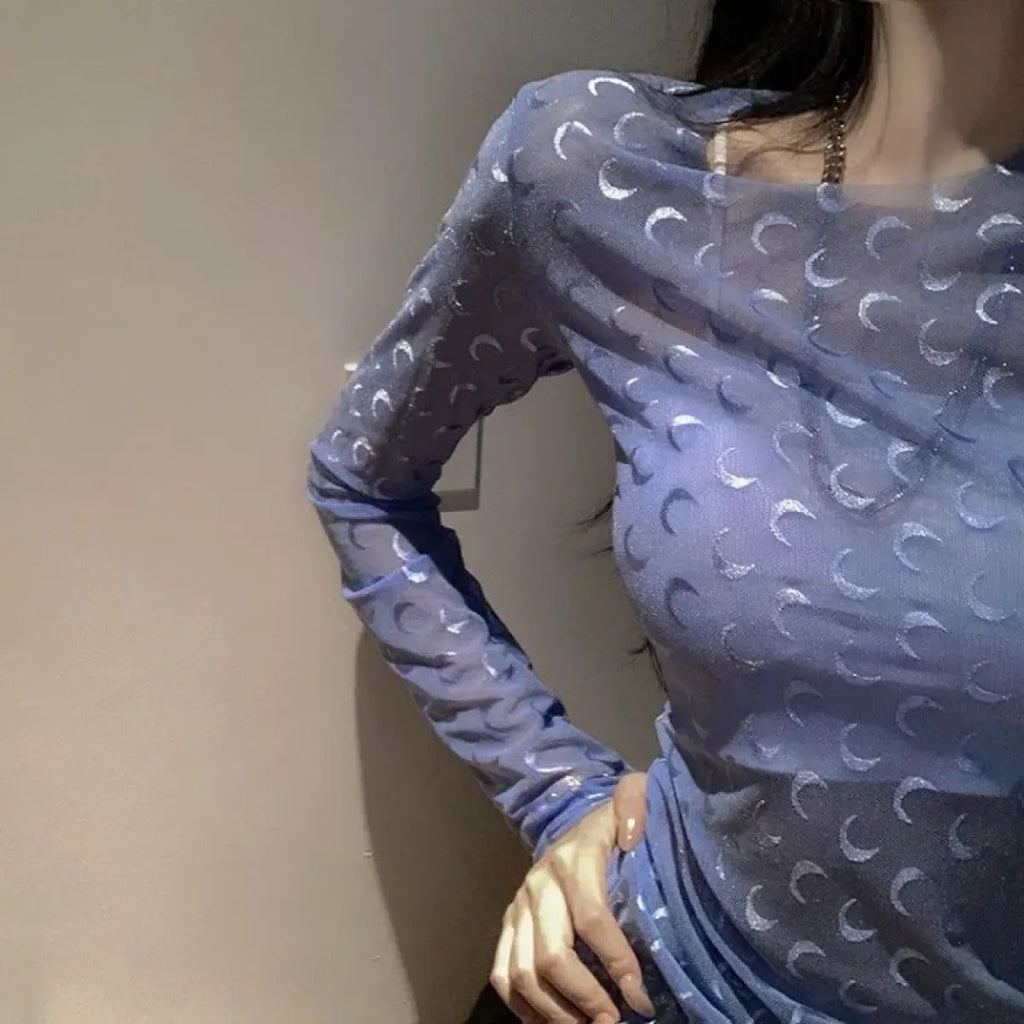 Moon Mesh Top – Y2K Grunge Long Sleeve Slim Fit Tee